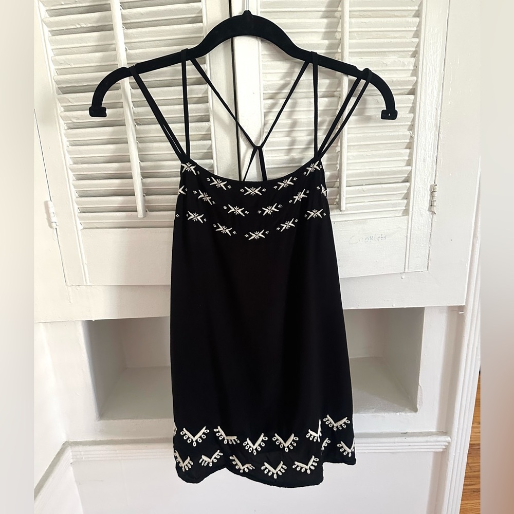 LOFT Black Spaghetti Strap Top with White Embroidery